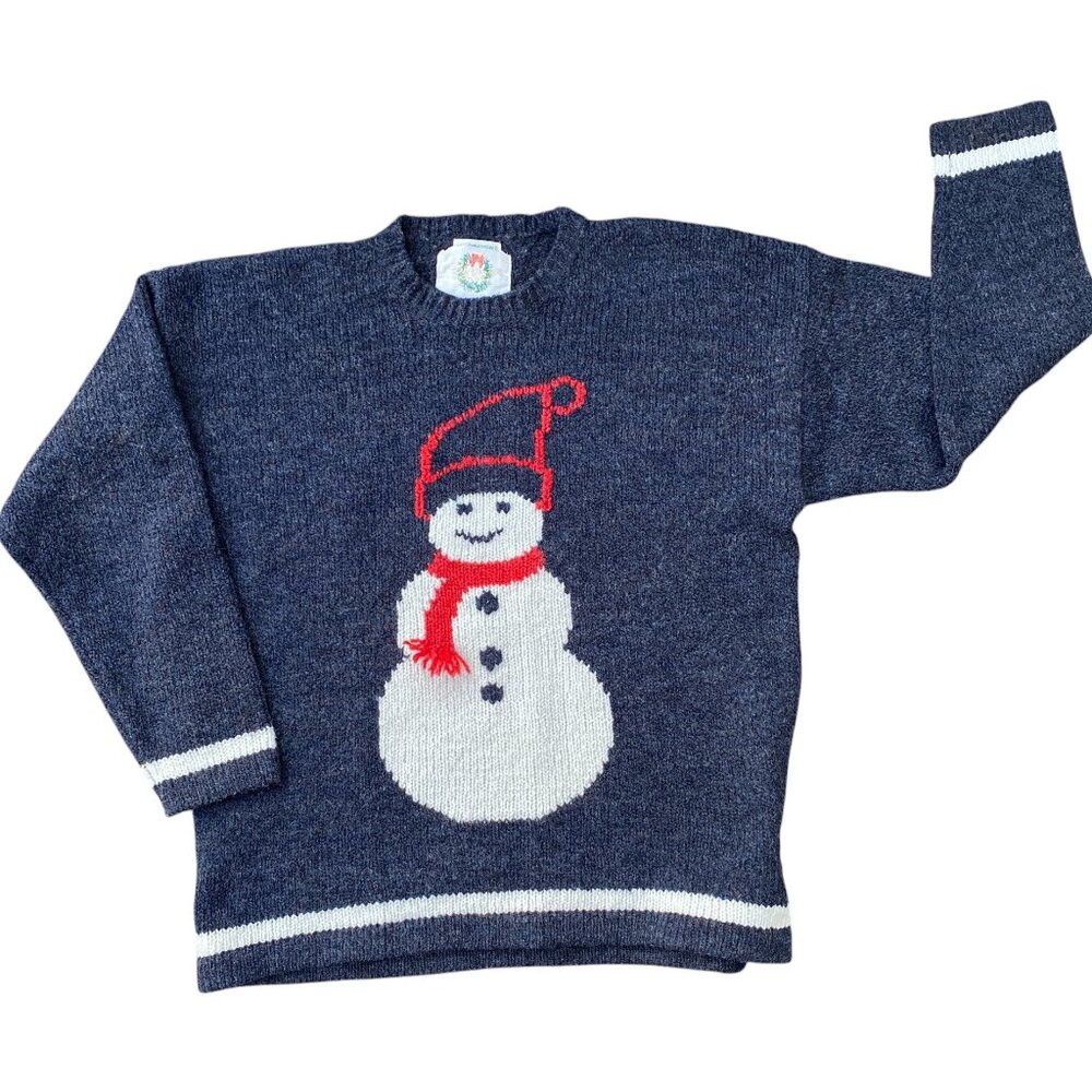 Vintage Wool Hand Embroidered Snowman Sweater Chunky Ski Winter Whimsical-L